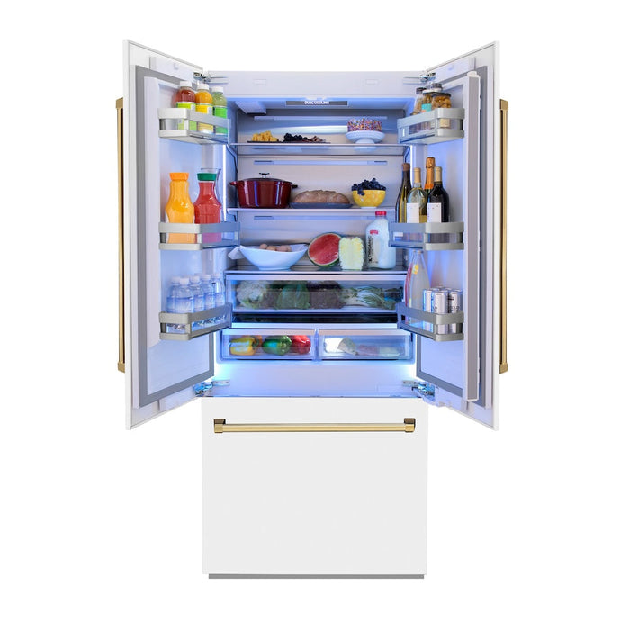 ZLINE 36 in. Autograph Edition 19.6 cu. ft. Built-in 3-Door French Door Refrigerator with Internal Water and Ice Dispenser in White Matte with Polished Gold Accents (RBIVZ-WM-36-G)