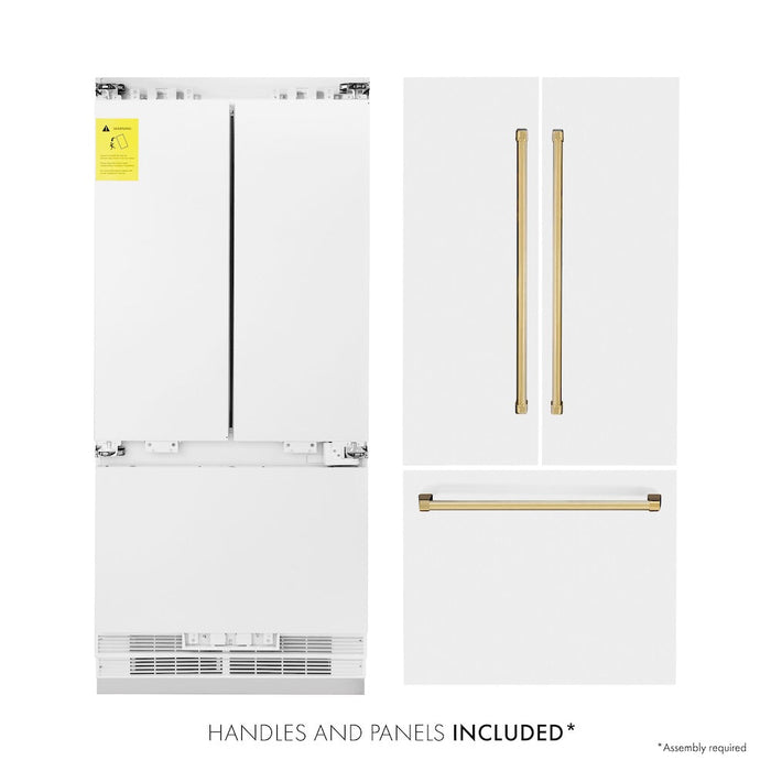 ZLINE 36 in. Autograph Edition 19.6 cu. ft. Built-in 3-Door French Door Refrigerator with Internal Water and Ice Dispenser in White Matte with Polished Gold Accents (RBIVZ-WM-36-G)