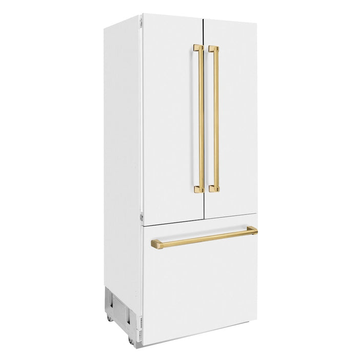 ZLINE 36 in. Autograph Edition 19.6 cu. ft. Built-in 3-Door French Door Refrigerator with Internal Water and Ice Dispenser in White Matte with Polished Gold Accents (RBIVZ-WM-36-G)