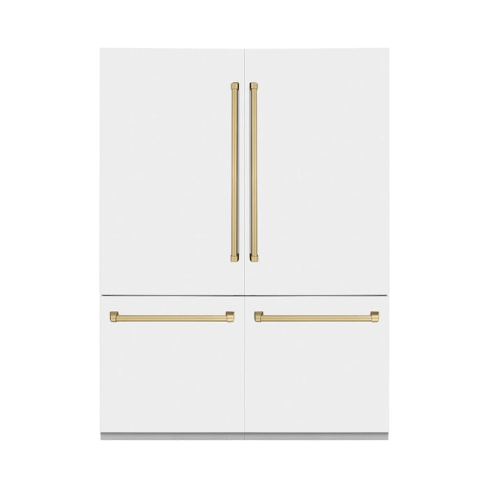 ZLINE 60 in. Autograph Edition 32.2 cu. ft. Built-in 4-Door French Door Refrigerator with Internal Water and Ice Dispenser in White Matte with Champagne Bronze Accents (RBIVZ-WM-60-CB)