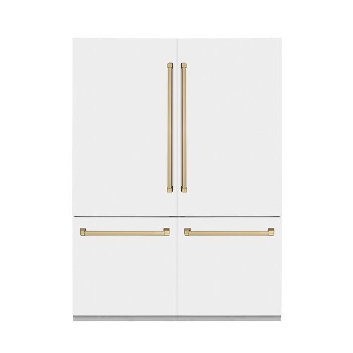 ZLINE 60 in. Autograph Edition 32.2 cu. ft. Built-in 4-Door French Door Refrigerator with Internal Water and Ice Dispenser in White Matte with Champagne Bronze Accents (RBIVZ-WM-60-CB)