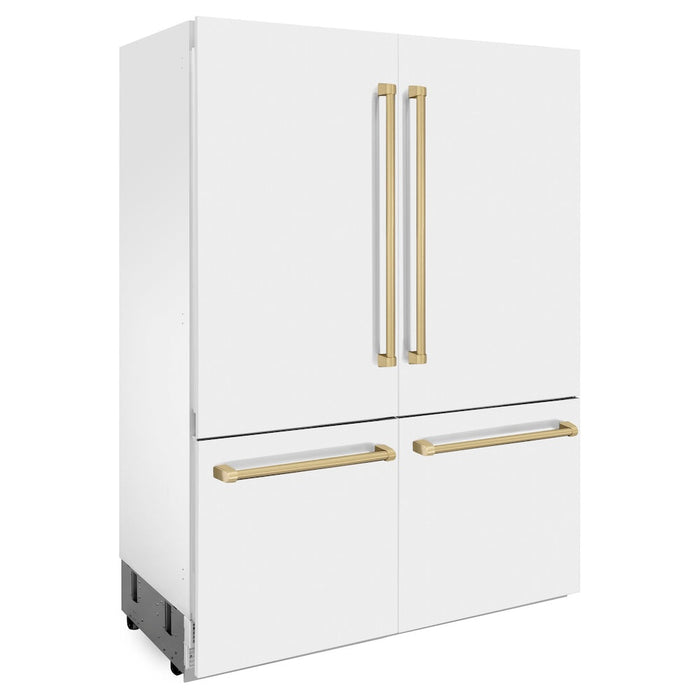 ZLINE 60 in. Autograph Edition 32.2 cu. ft. Built-in 4-Door French Door Refrigerator with Internal Water and Ice Dispenser in White Matte with Champagne Bronze Accents (RBIVZ-WM-60-CB)