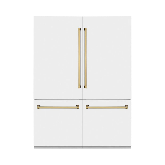 ZLINE 60 in. Autograph Edition 32.2 cu. ft. Built-in 4-Door French Door Refrigerator with Internal Water and Ice Dispenser in White Matte with Polished Gold Accents (RBIVZ-WM-60-G)