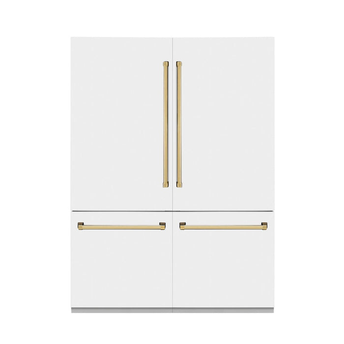 ZLINE 60 in. Autograph Edition 32.2 cu. ft. Built-in 4-Door French Door Refrigerator with Internal Water and Ice Dispenser in White Matte with Polished Gold Accents (RBIVZ-WM-60-G)