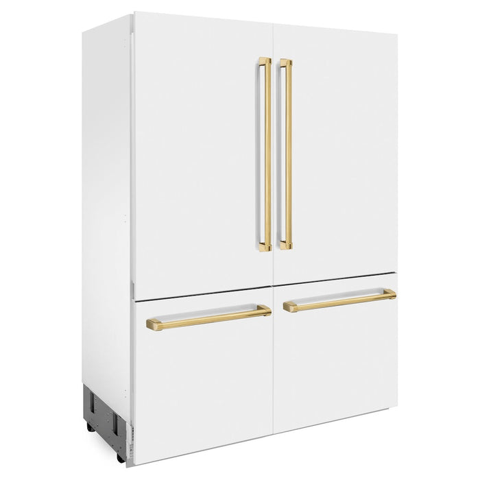 ZLINE 60 in. Autograph Edition 32.2 cu. ft. Built-in 4-Door French Door Refrigerator with Internal Water and Ice Dispenser in White Matte with Polished Gold Accents (RBIVZ-WM-60-G)