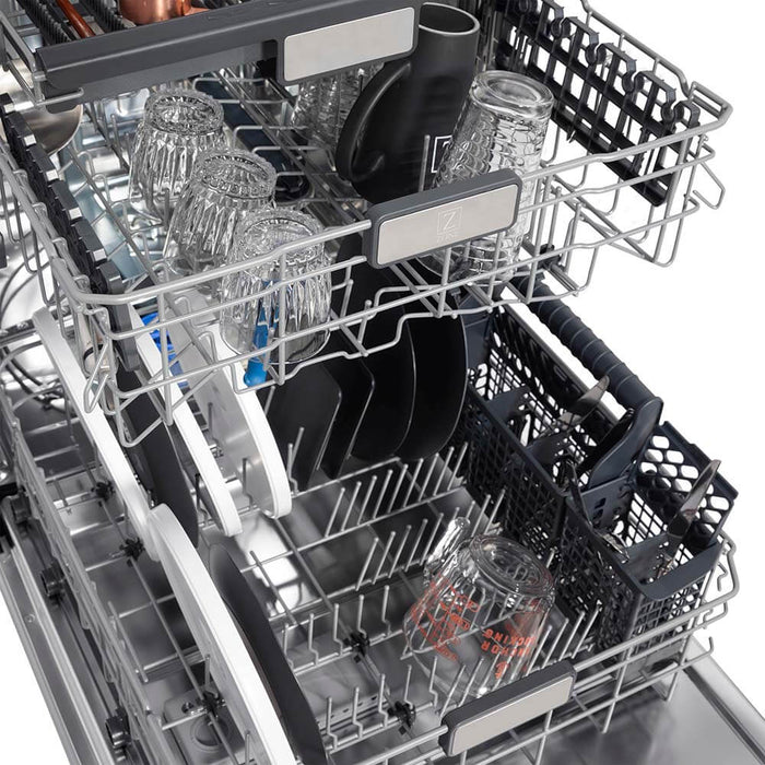 ZLINE 24 in. Monument Series 3rd Rack Top Touch Control Dishwasher in Blue Gloss with Stainless Steel Tub, 45dBa (DWMT-BG-24)