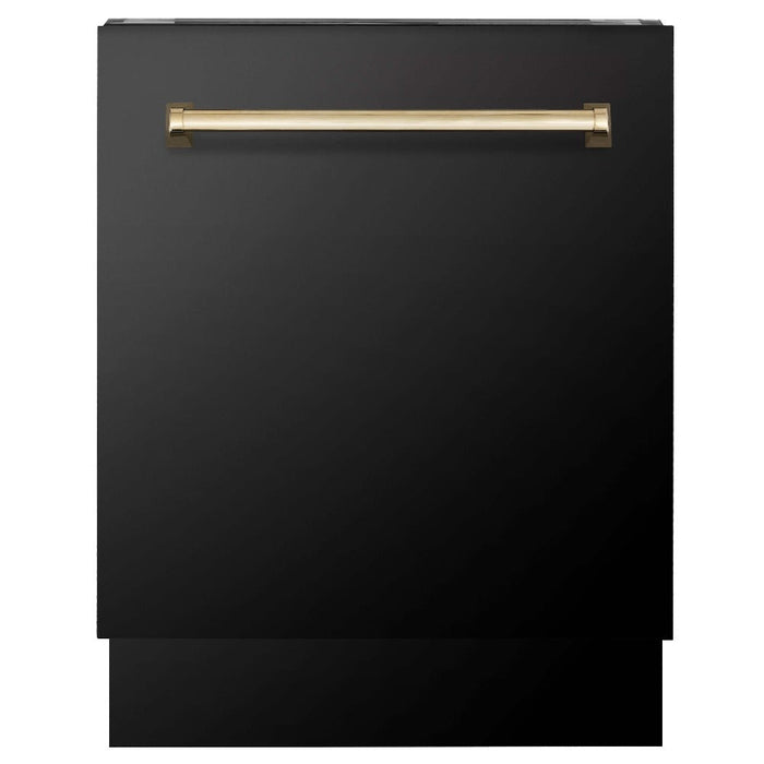 ZLINE Autograph Edition 36 in. Kitchen Package with Black Stainless Steel Dual Fuel Range, Range Hood, Dishwasher, and French Door Refrigerator with Polished Gold Accents (4AKPR-RABRHDWV36-G)