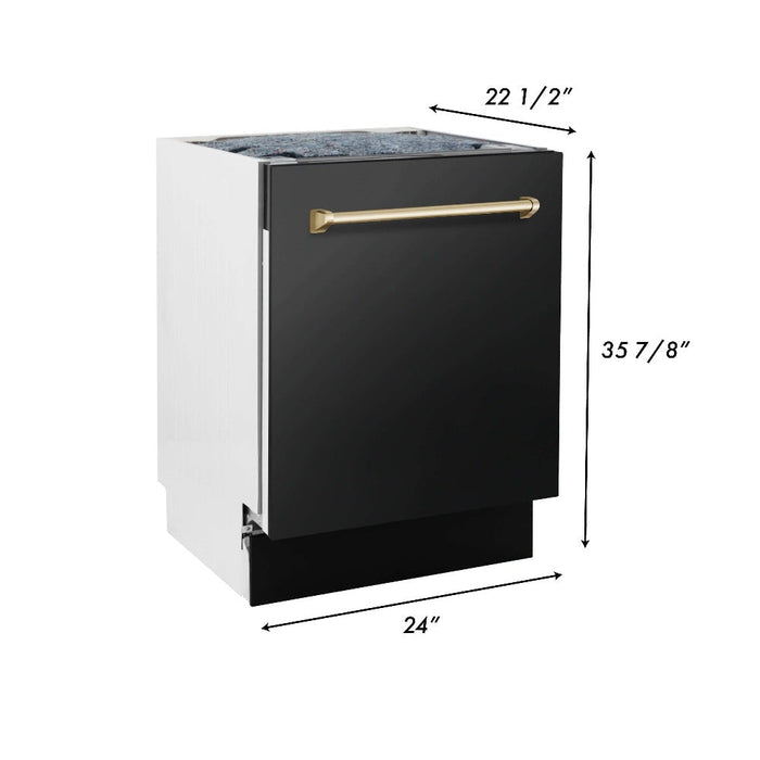 ZLINE Autograph Edition Kitchen Package in Black Stainless Steel with 30 in. Dual Fuel Range, 30 in. Range Hood, 24 in. Dishwasher and 36 in. French Door Refrigerator with Polished Gold Accents (4AKPR-RABRHDWV30-G)