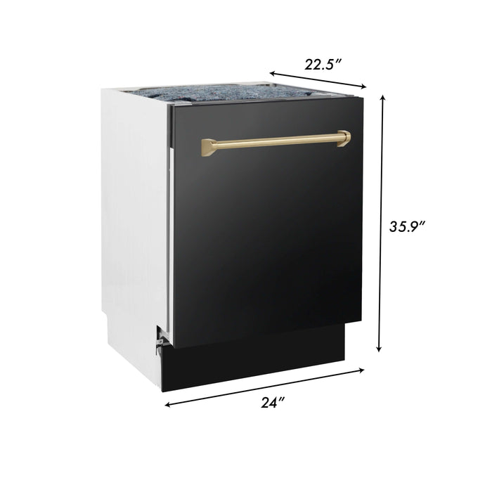 ZLINE Autograph Edition Kitchen Package in Black Stainless Steel with 30 in. Dual Fuel Range, 30 in. Range Hood, 24 in. Dishwasher, and 36 in. French Door Refrigerator with Champagne Bronze Accents (4AKPR-RABRHDWV30-CB)