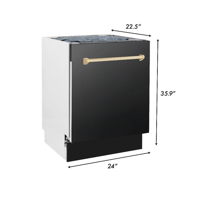 ZLINE Autograph Edition 36 in. Kitchen Package with Black Stainless Steel Dual Fuel Range, Range Hood, Dishwasher, and French Door Refrigerator with Polished Gold Accents (4AKPR-RABRHDWV36-G)