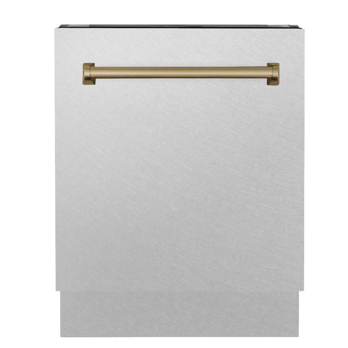 ZLINE Autograph Edition 24 in. Tallac Series 3rd Rack Top Control Built-In Tall Tub Dishwasher in Fingerprint Resistant Stainless Steel with Champagne Bronze Handle, 51dBa (DWVZ-SN-24-CB)