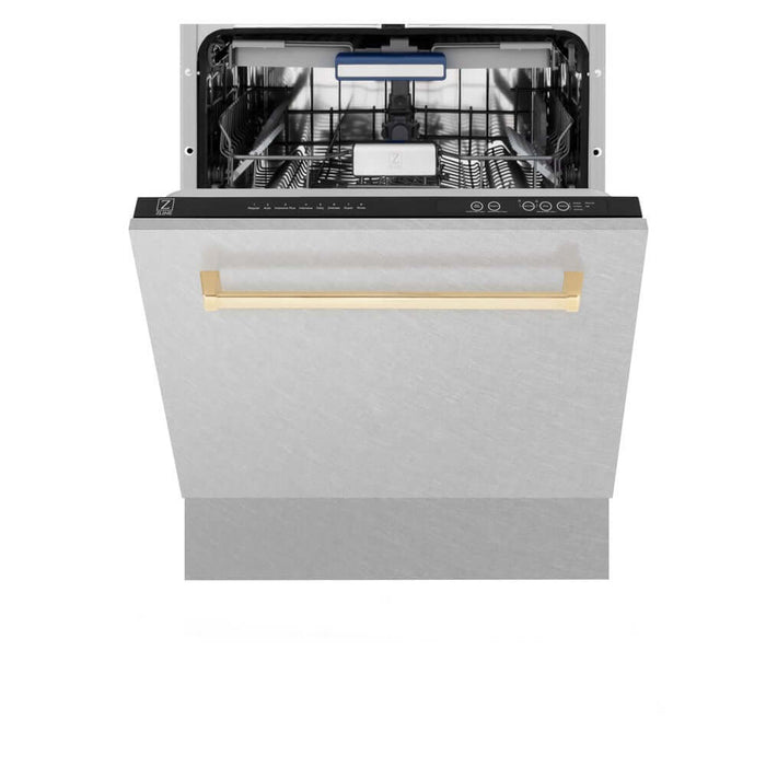 ZLINE Autograph Edition 24 in. Tallac Series 3rd Rack Top Control Built-In Tall Tub Dishwasher in Fingerprint Resistant Stainless Steel with Polished Gold Handle, 51dBa (DWVZ-SN-24-G)