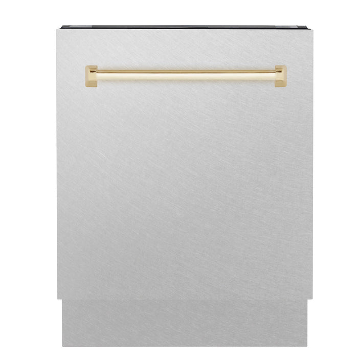 ZLINE Autograph Edition 24 in. Tallac Series 3rd Rack Top Control Built-In Tall Tub Dishwasher in Fingerprint Resistant Stainless Steel with Polished Gold Handle, 51dBa (DWVZ-SN-24-G)