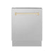 ZLINE Autograph Edition 24 in. Tallac Series 3rd Rack Top Control Built-In Tall Tub Dishwasher in Fingerprint Resistant Stainless Steel with Polished Gold Handle, 51dBa (DWVZ-SN-24-G) front, closed.