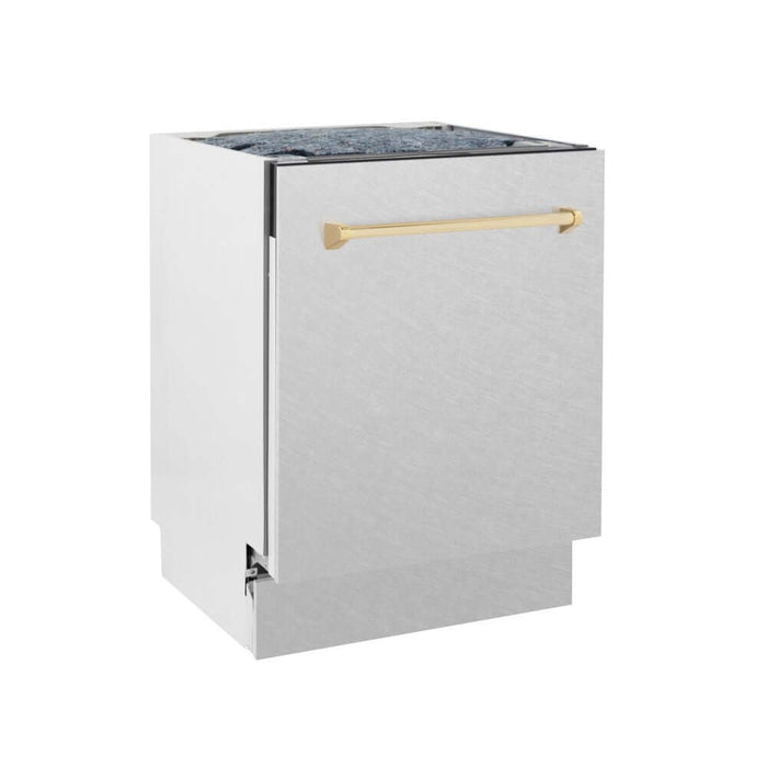 ZLINE Autograph Edition 24 in. Tallac Series 3rd Rack Top Control Built-In Tall Tub Dishwasher in Fingerprint Resistant Stainless Steel with Polished Gold Handle, 51dBa (DWVZ-SN-24-G)