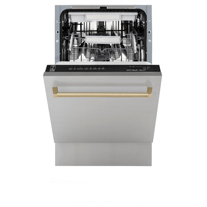 ZLINE Autograph Edition 18 in. Tallac Series 3rd Rack Top Control Built-In Dishwasher in Stainless Steel with Champagne Bronze Handle, 51dBa (DWVZ-304-18-CB)