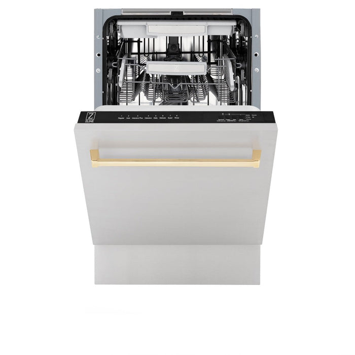 ZLINE Autograph Edition 18 in. Tallac Series 3rd Rack Top Control Built-In Dishwasher in Stainless Steel with Polished Gold Handle, 51dBa (DWVZ-304-18-G)