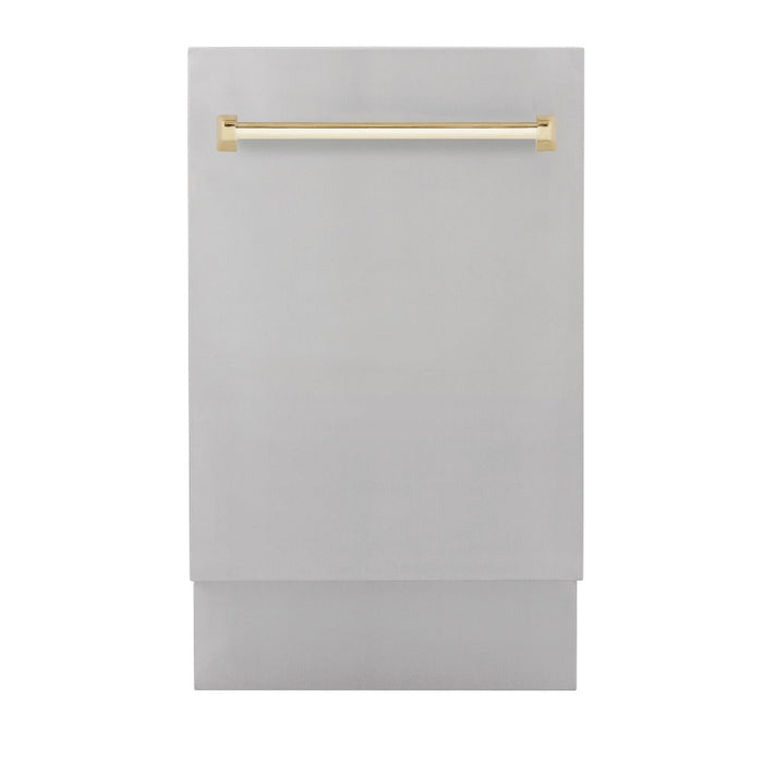 ZLINE Autograph Edition 18 in. Tallac Series 3rd Rack Top Control Built-In Dishwasher in Stainless Steel with Polished Gold Handle, 51dBa (DWVZ-304-18-G) 