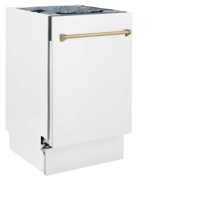 ZLINE Autograph Edition 18 in. Tallac Series 3rd Rack Top Control Built-In Dishwasher in White Matte with Champagne Bronze Handle, 51dBa (DWVZ-WM-18-CB)