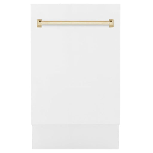 ZLINE Autograph Edition 18 in. Tallac Series 3rd Rack Top Control Built-In Dishwasher in White Matte with Polished Gold Handle, 51dBa (DWVZ-WM-18-G) front, closed.