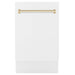 ZLINE Autograph Edition 18 in. Tallac Series 3rd Rack Top Control Built-In Dishwasher in White Matte with Polished Gold Handle, 51dBa (DWVZ-WM-18-G) front, closed.