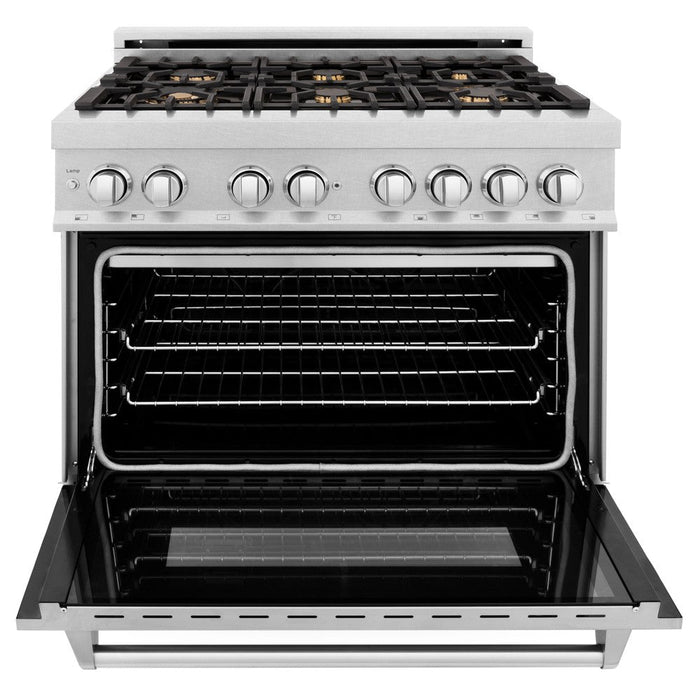 ZLINE 36 in. 4.6 cu. ft. Electric Oven and Gas Cooktop Dual Fuel Range with Griddle and Brass Burners in Fingerprint Resistant Stainless (RAS-SN-BR-GR-36)