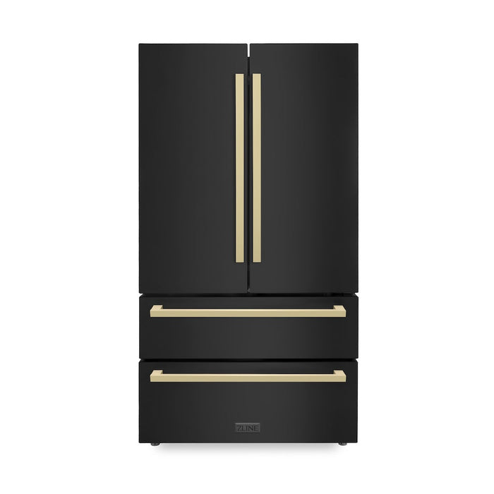 ZLINE 36 in. Autograph Edition 22.5 cu. ft 4-Door French Door Refrigerator with Ice Maker in Black Stainless Steel with Champagne Bronze Modern Handles (RFMZ-36-BS-FCB)