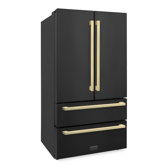 ZLINE 36 in. Autograph Edition 22.5 cu. ft 4-Door French Door Refrigerator with Ice Maker in Black Stainless Steel with Champagne Bronze Modern Handles (RFMZ-36-BS-FCB)