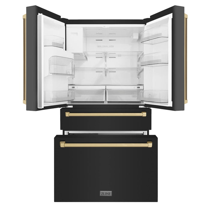 ZLINE 36 in. Autograph Edition 21.6 cu. ft 4-Door French Door Refrigerator with Water and Ice Dispenser in Fingerprint Resistant Black Stainless Steel with Champagne Bronze Traditional Handles (RFMZ-W-36-BS-CB)