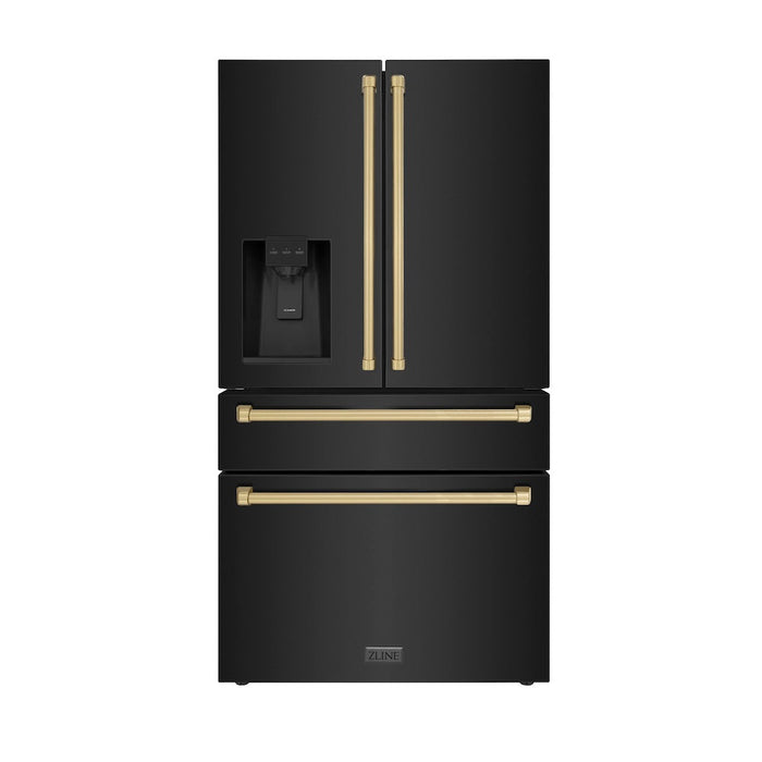 ZLINE 36 in. Autograph Edition 21.6 cu. ft 4-Door French Door Refrigerator with Water and Ice Dispenser in Fingerprint Resistant Black Stainless Steel with Champagne Bronze Traditional Handles (RFMZ-W-36-BS-CB)