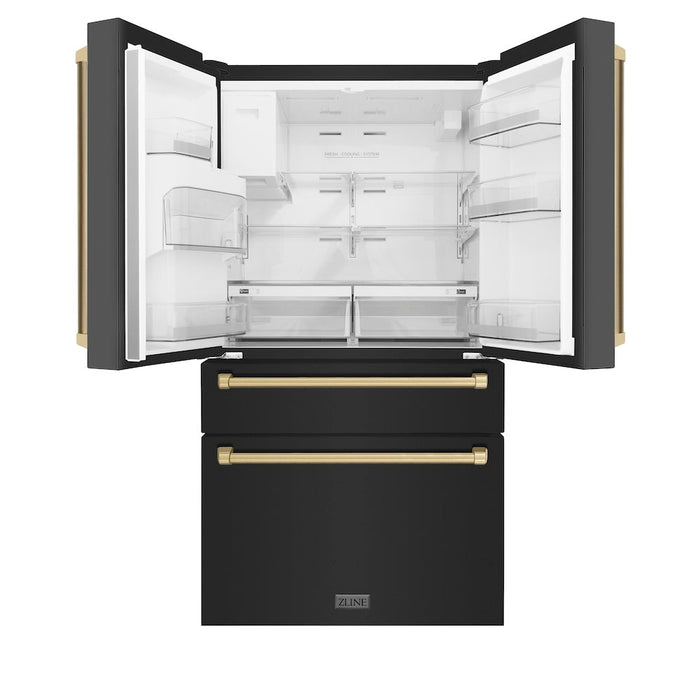 ZLINE 36 in. Autograph Edition 21.6 cu. ft 4-Door French Door Refrigerator with Water and Ice Dispenser in Fingerprint Resistant Black Stainless Steel with Champagne Bronze Traditional Handles (RFMZ-W-36-BS-CB)