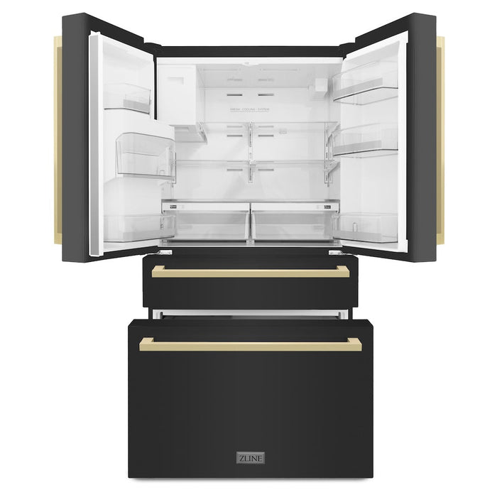 ZLINE 36 in. Autograph Edition 21.6 cu. ft 4-Door French Door Refrigerator with Water and Ice Dispenser in Black Stainless Steel with Champagne Bronze Modern Handles (RFMZ-W36-BS-FCB)