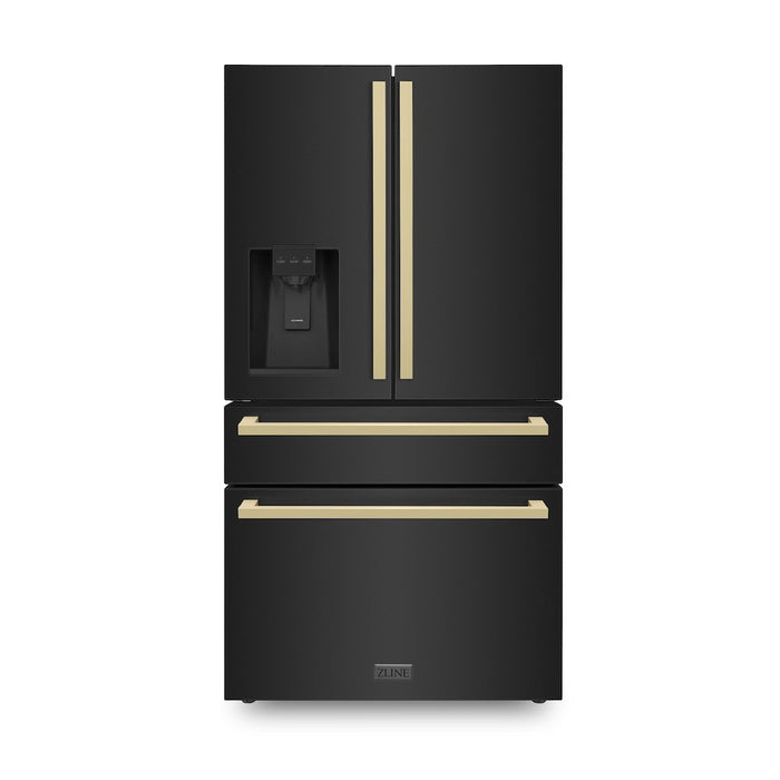 ZLINE 36 in. Autograph Edition 21.6 cu. ft 4-Door French Door Refrigerator with Water and Ice Dispenser in Black Stainless Steel with Champagne Bronze Modern Handles (RFMZ-W36-BS-FCB)