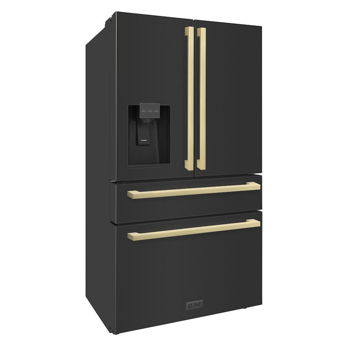 ZLINE 36 in. Autograph Edition 21.6 cu. ft 4-Door French Door Refrigerator with Water and Ice Dispenser in Black Stainless Steel with Champagne Bronze Modern Handles (RFMZ-W36-BS-FCB)