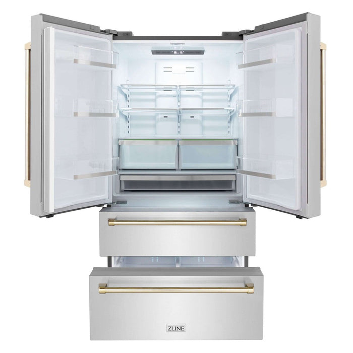 ZLINE Autograph Edition 36 in. Kitchen Package with Stainless Steel Dual Fuel Range, Range Hood, Dishwasher and Refrigeration with Polished Gold Accents (4KAPR-RARHDWM36-G)