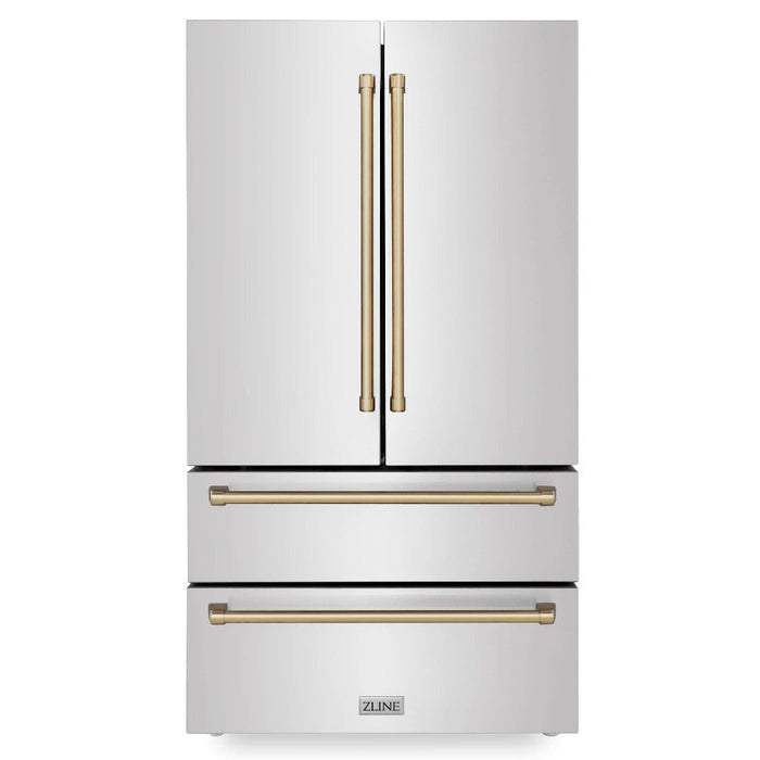 ZLINE Autograph Edition 36 in. Kitchen Package with Stainless Steel Dual Fuel Range, Range Hood, Dishwasher and Refrigeration with Champagne Bronze Accents (4KAPR-RARHDWM36-CB)