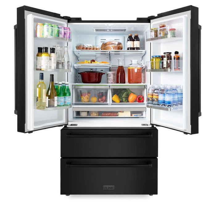 ZLINE Kitchen Package in Black Stainless Steel with 36 in. French Door Refrigerator, 36 in. Gas Stovetop, 36 in. Convertible Vent Range Hood, 30 in. Double Wall Oven, and 24 in. Tall Tub Dishwasher (5KPR-RTBRH36-AWDDWV)