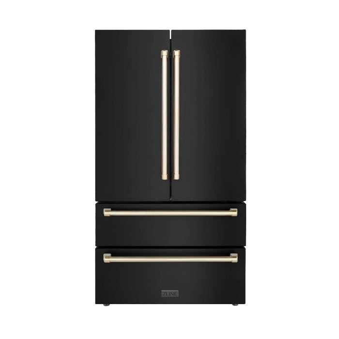 ZLINE Autograph Edition 36 in. Kitchen Package with Black Stainless Steel Dual Fuel Range, Range Hood, Dishwasher, and French Door Refrigerator with Polished Gold Accents (4AKPR-RABRHDWV36-G)