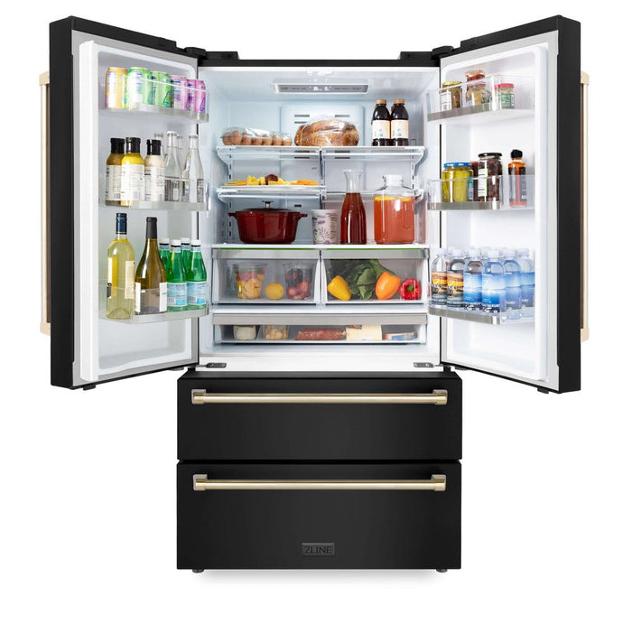 ZLINE 36 in. Autograph Edition 22.5 cu. ft 4-Door French Door Refrigerator with Ice Maker in Fingerprint Resistant Black Stainless Steel with Polished Gold Traditional Handles (RFMZ-36-BS-G)