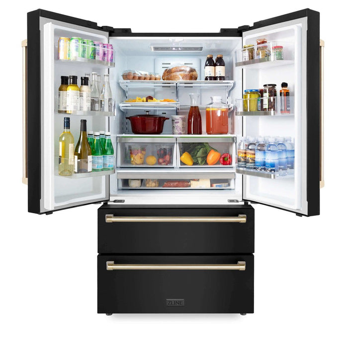 ZLINE Autograph Edition 36 in. Kitchen Package with Black Stainless Steel Dual Fuel Range, Range Hood, Dishwasher, and French Door Refrigerator with Polished Gold Accents (4AKPR-RABRHDWV36-G)