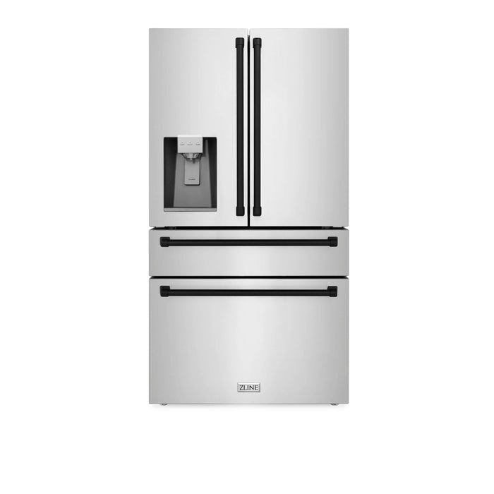 ZLINE Autograph Edition 36 in. Kitchen Package with Stainless Steel Dual Fuel Range, Range Hood, Dishwasher and Refrigeration Including External Water Dispenser with Matte Black Accents (4AKPR-RARHDWM36-MB)