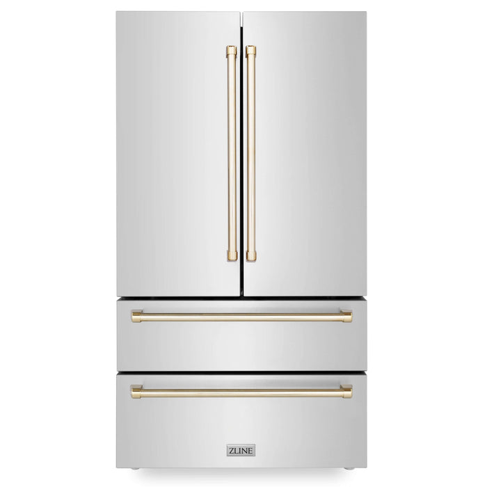 ZLINE Autograph Edition 36 in. Kitchen Package with Stainless Steel Dual Fuel Range, Range Hood, Dishwasher and Refrigeration with Polished Gold Accents (4KAPR-RARHDWM36-G)