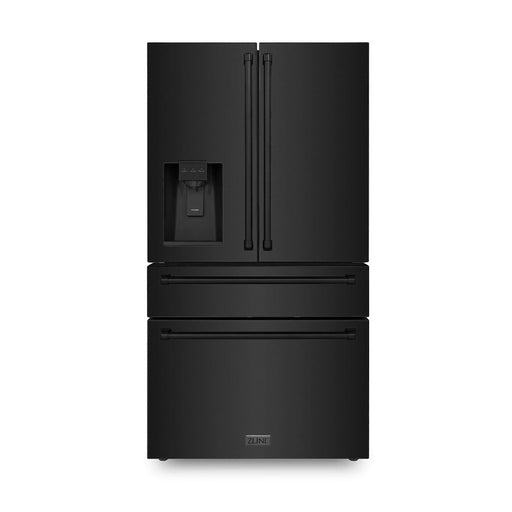 ZLINE 36 in. 21.6 cu. ft Freestanding French Door Fingerprint Resistant Refrigerator with External Water and Ice Dispenser in Black Stainless Steel (RFM-W-36-BS) front, closed.