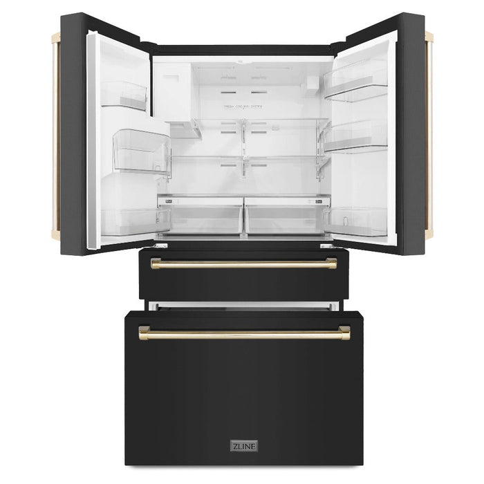 ZLINE 36 in. Autograph Edition 21.6 cu. ft 4-Door French Door Refrigerator with Water and Ice Dispenser in Fingerprint Resistant Black Stainless Steel with Polished Gold Traditional Handles (RFMZ-W-36-BS-G)