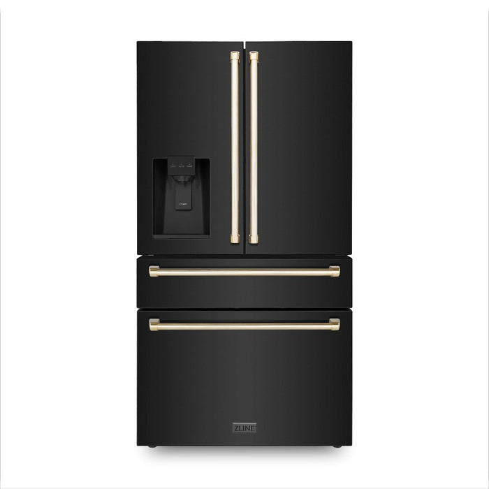 ZLINE Autograph Edition 36 in. 21.6 cu. ft Freestanding French Door Refrigerator with Water and Ice Dispenser in Fingerprint Resistant Black Stainless Steel with Polished Gold Accents (RFMZ-W-36-BS-G) front, closed.