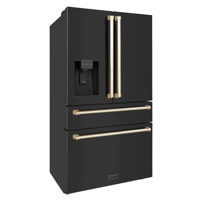 ZLINE 36 in. Autograph Edition 21.6 cu. ft 4-Door French Door Refrigerator with Water and Ice Dispenser in Fingerprint Resistant Black Stainless Steel with Polished Gold Traditional Handles (RFMZ-W-36-BS-G)