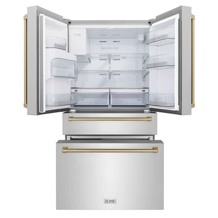 ZLINE Autograph Edition 48 in. Kitchen Package with Stainless Steel Dual Fuel Range, Range Hood, Dishwasher, and French Door Refrigerator with External Water Dispenser with Polished Gold Accents (4AKPR-RARHDWM48-G)