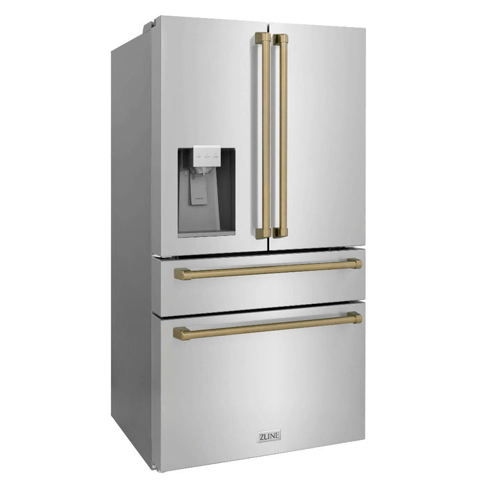 ZLINE 36 in. Autograph Edition 21.6 cu. ft 4-Door French Door Refrigerator with Water and Ice Dispenser in Fingerprint Resistant Stainless Steel with Champagne Bronze Traditional Handles (RFMZ-W-36-CB)