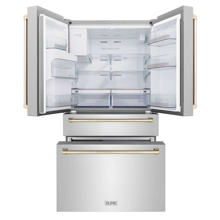 ZLINE Autograph Edition 36 in. Kitchen Package with Stainless Steel Dual Fuel Range, Range Hood, Dishwasher and Refrigeration Including External Water Dispenser with Polished Gold Accents (4AKPR-RARHDWM36-G)