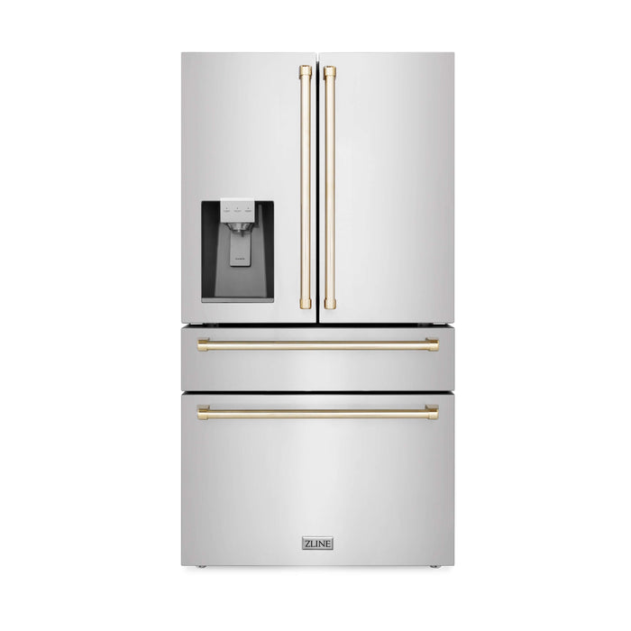 ZLINE Autograph Edition 36 in. Kitchen Package with Stainless Steel Dual Fuel Range, Range Hood, Dishwasher and Refrigeration Including External Water Dispenser with Polished Gold Accents (4AKPR-RARHDWM36-G)